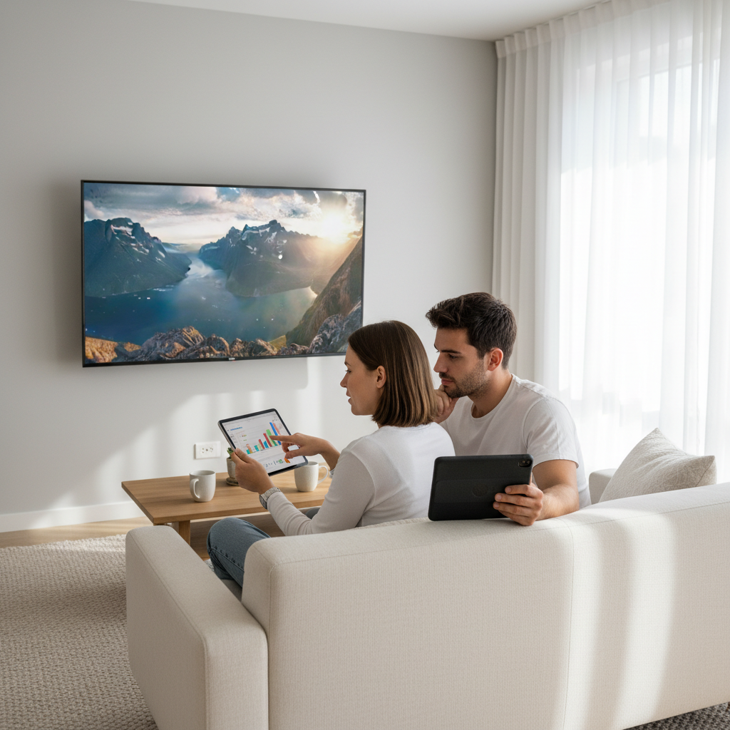 Couple comparing streaming bundles versus a single premium IPTV subscription at home.