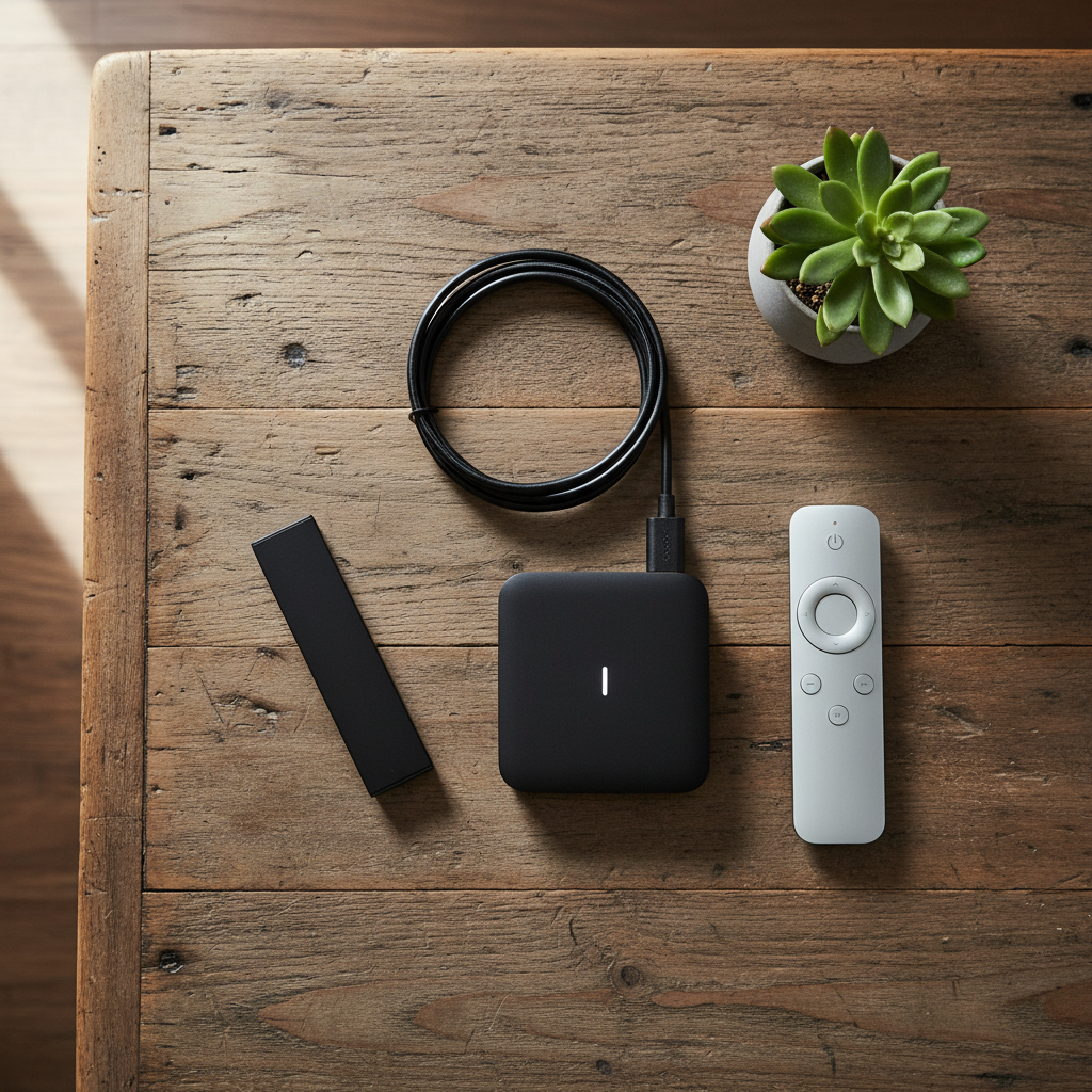 Various streaming devices and remote controls laid out for cord cutting setup.