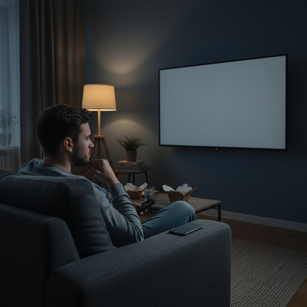 Man frustrated by unreliable streaming service buffering on his living room TV.