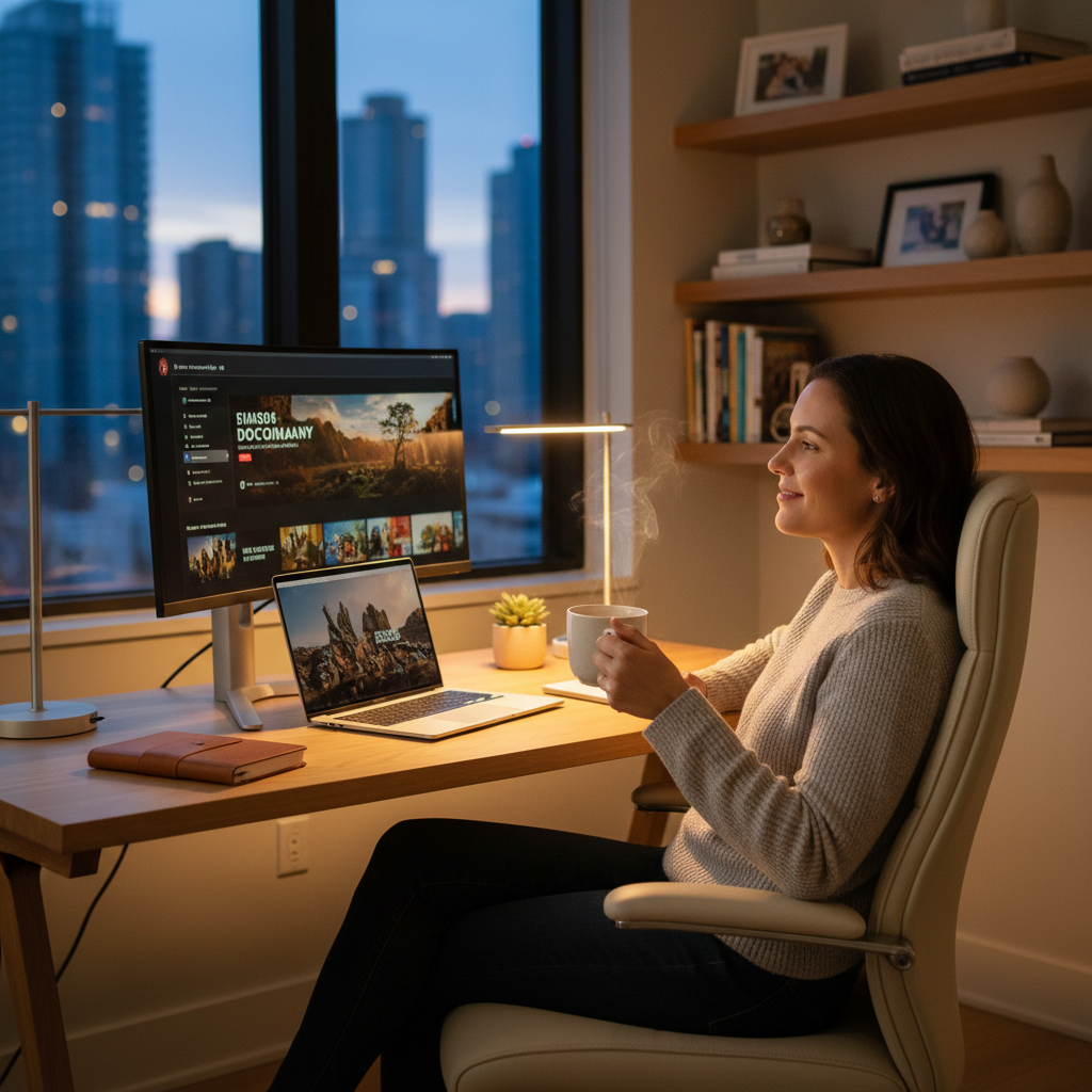 Woman confidently streaming content at home on a reliable and affordable TV service.