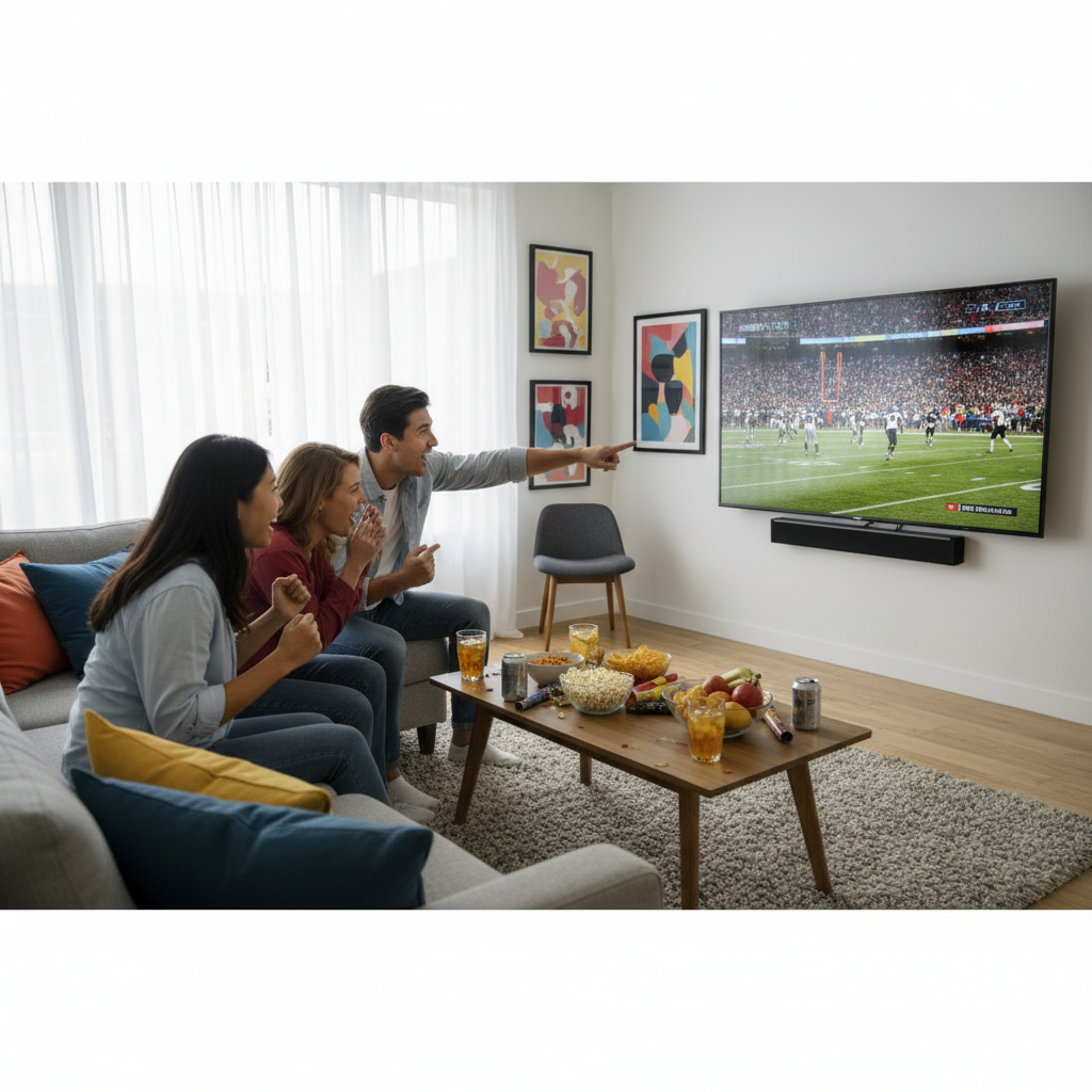 Friends watching live sports and network TV without cable on a smart TV