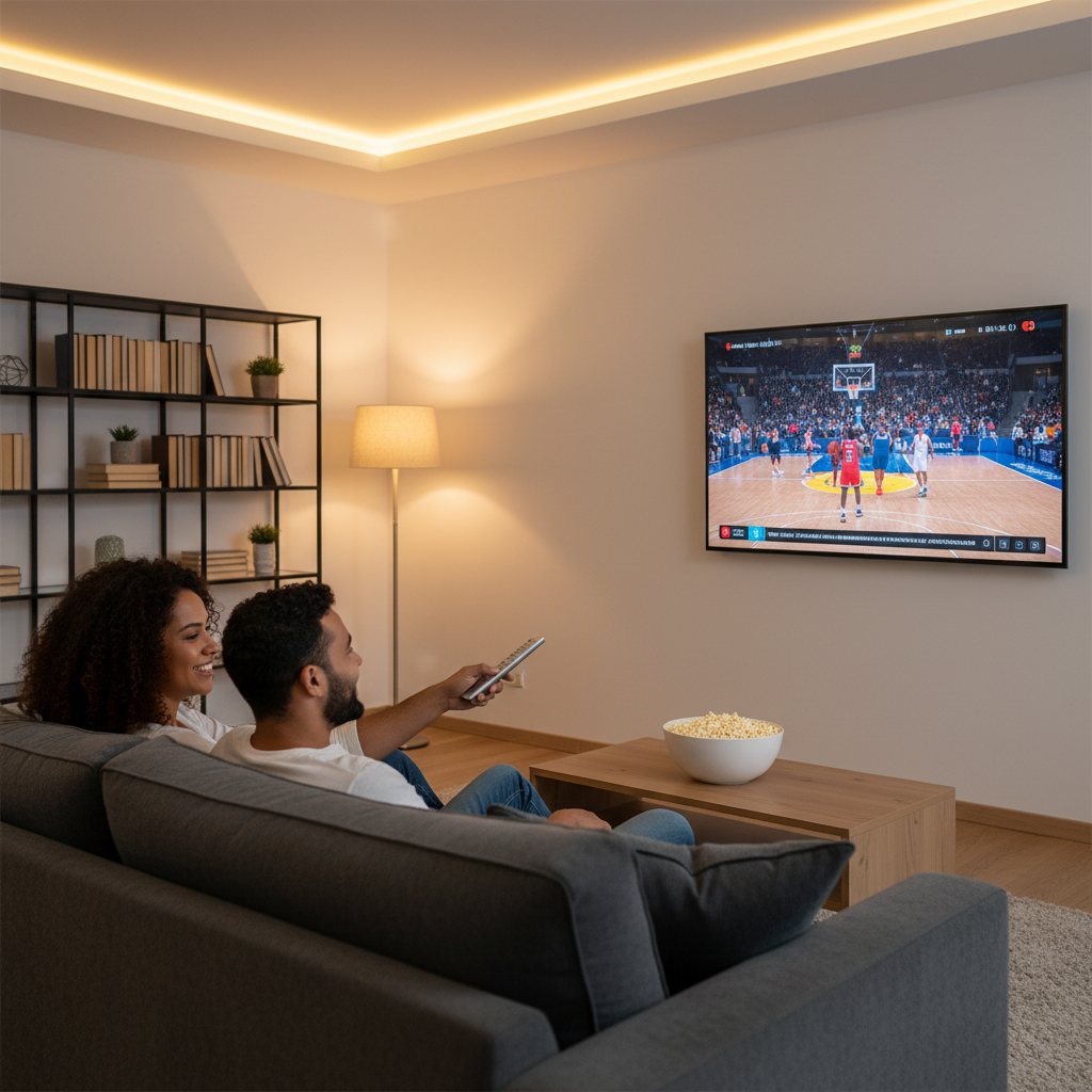 Couple watching live TV without cable on a smart TV at home