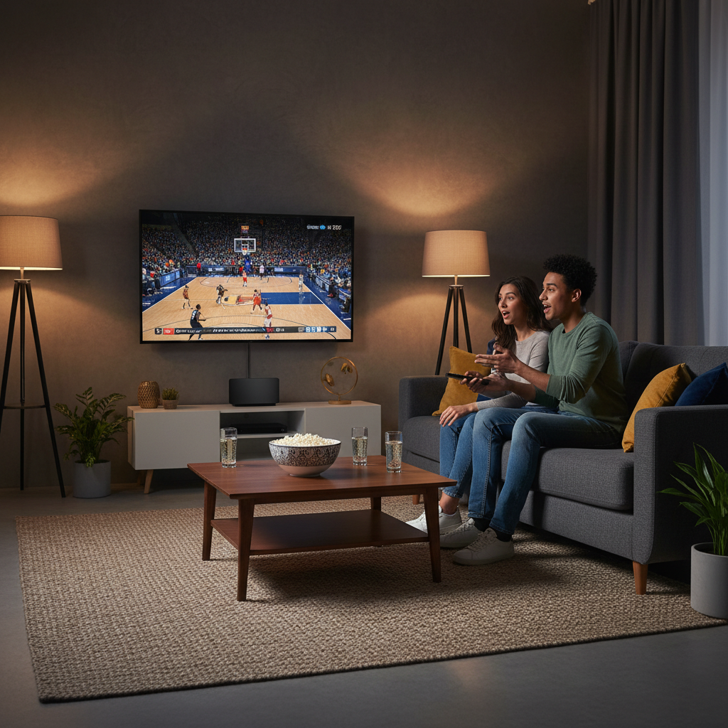 Couple enjoying smooth IPTV buffering fix on smart TV at home