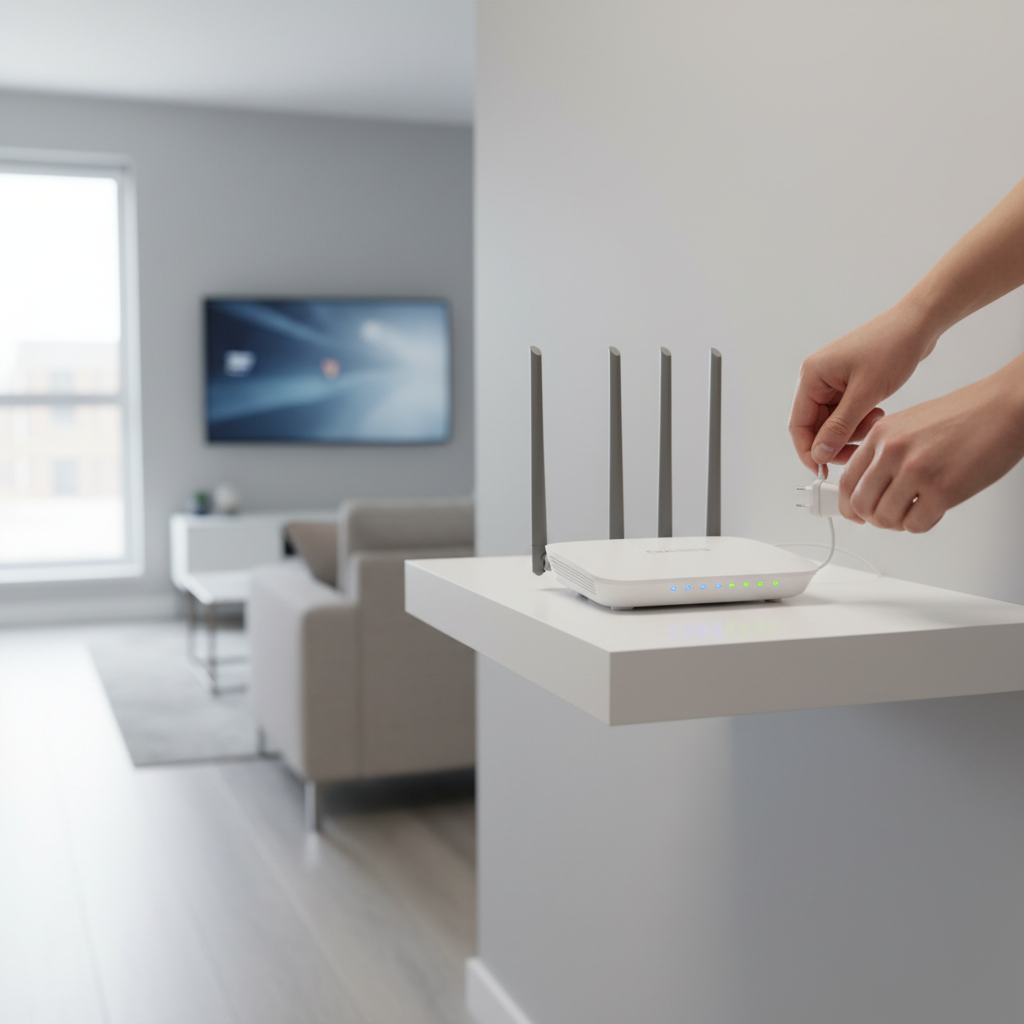 Person rebooting home router to fix IPTV buffering issues