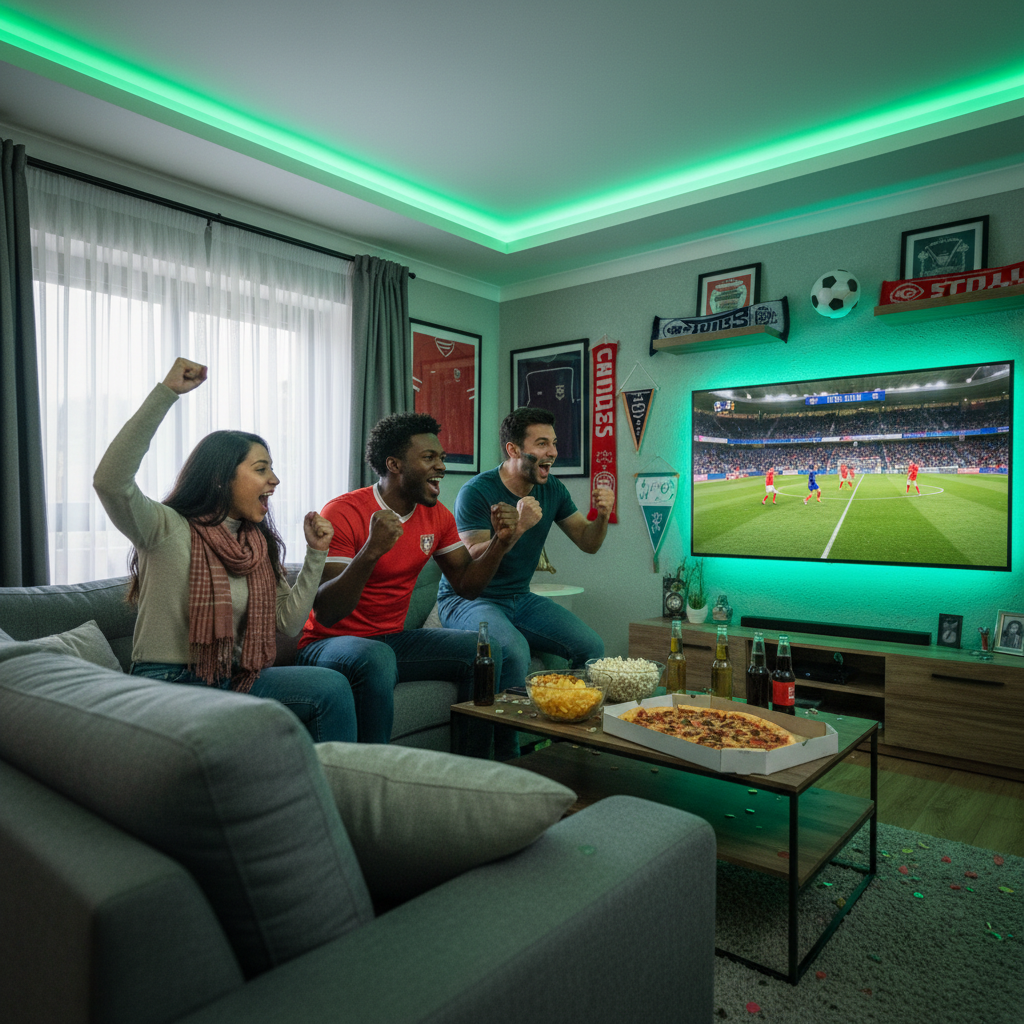 Diverse friends cheering while watching live sports via IPTV on a big screen