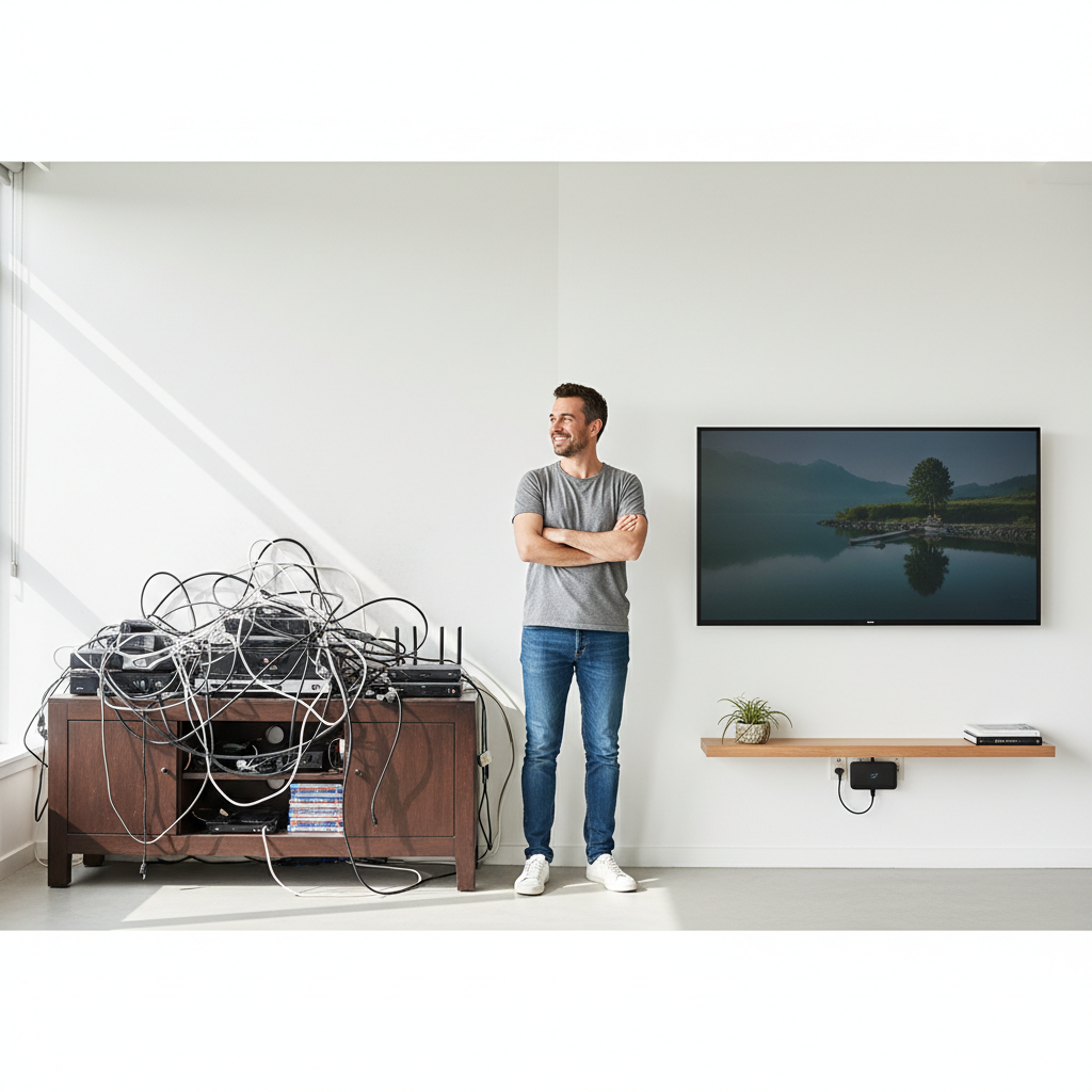 Man choosing internet TV streaming over a cluttered traditional cable TV setup