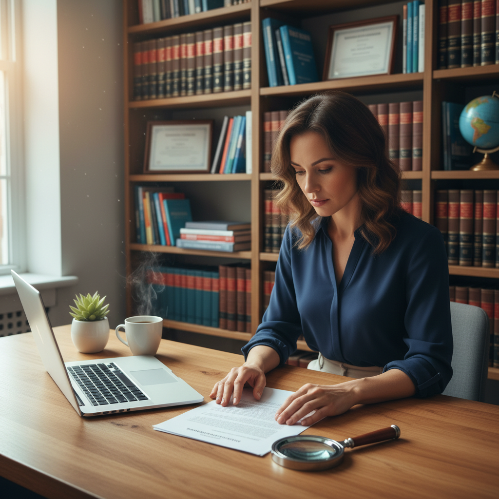 Woman researching whether IPTV is legal with documents and a laptop at home