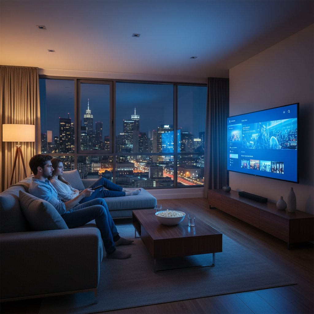 Couple enjoying IPTV streaming on a smart TV in a modern living room